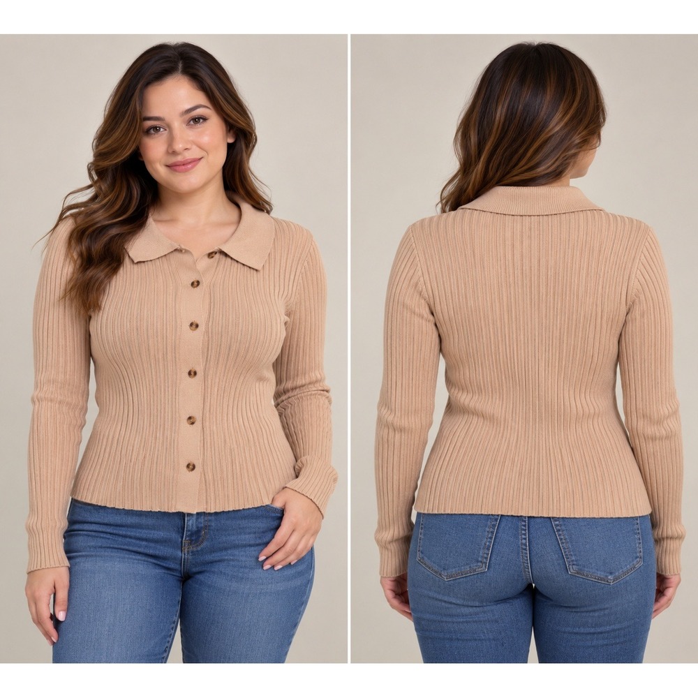 Zaful Ribbed Knit Cardigan Sweater Tan Beige Button Front Collared Top Medium